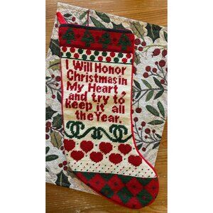 Vintage Embroidered Red Velvet Christmas Stocking Sampler Heart New Year Tree